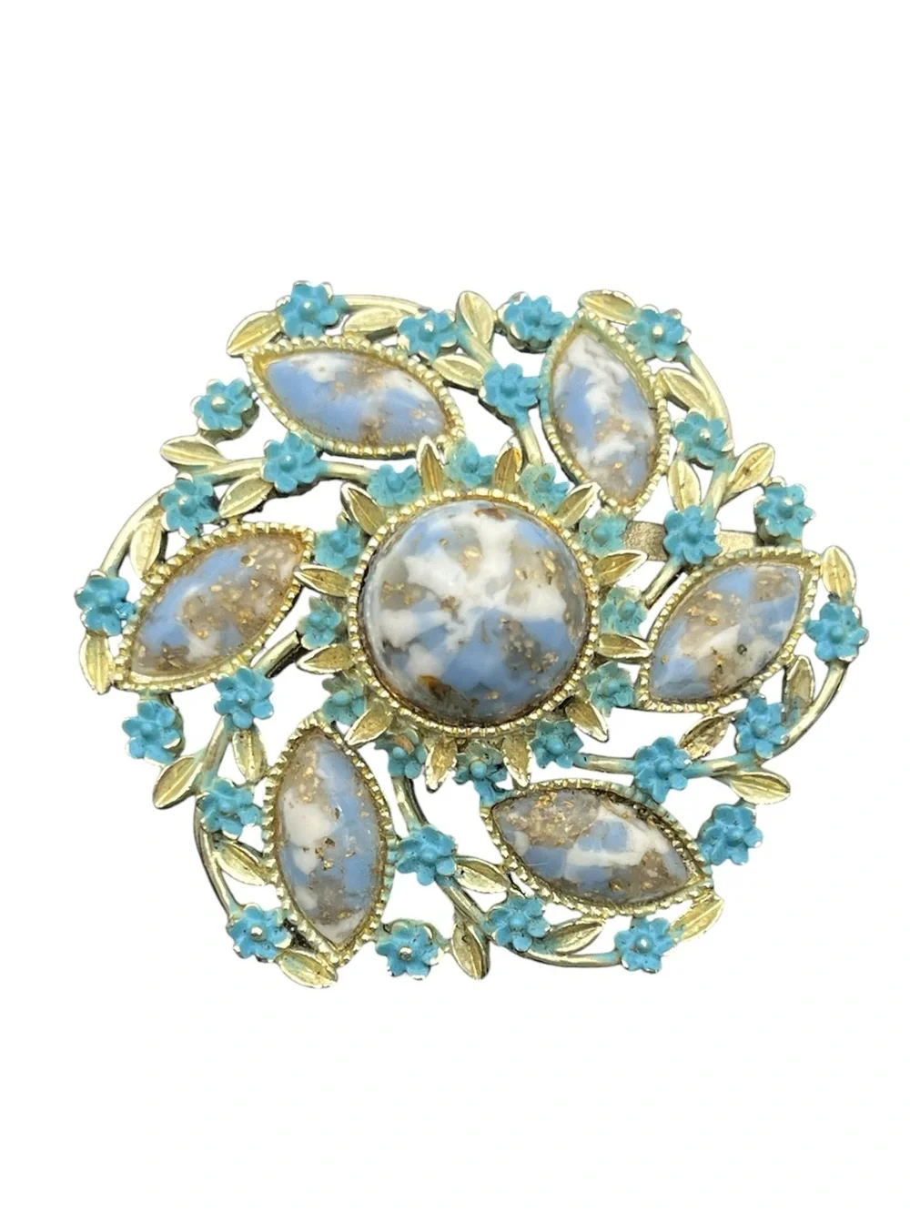 Blue faux stone cabochon painted enamel flower gold tone brooch pin vintage